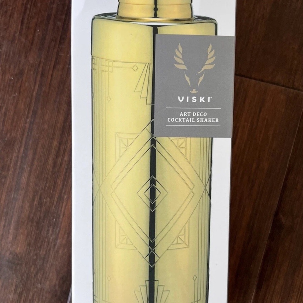 Viski Art Deco Gold Cocktail Shaker 24 oz Etched Stainless Steel NEW -Box Damage - Picture 2 of 9